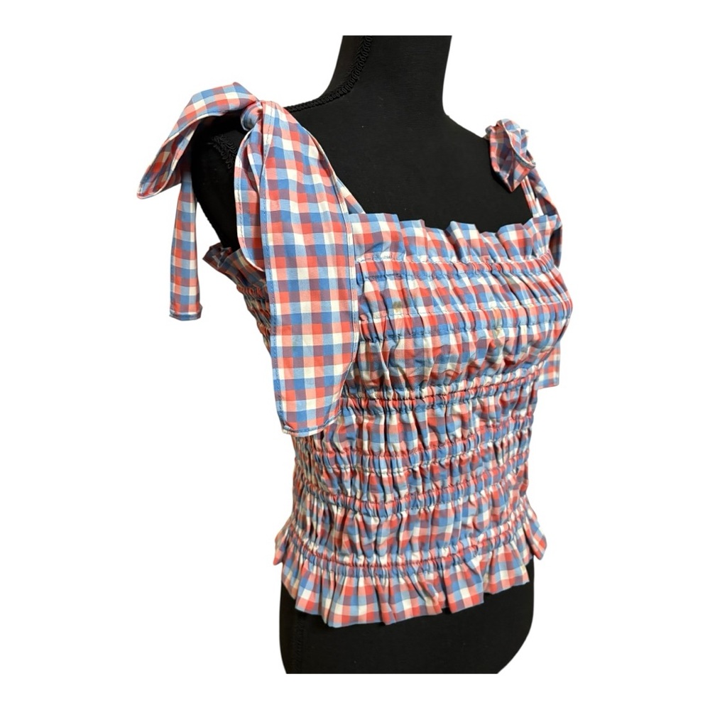 Gianni Bini Megan Top in a poppy blue, red, and white checkered pattern size Lg - Picture 3 of 6